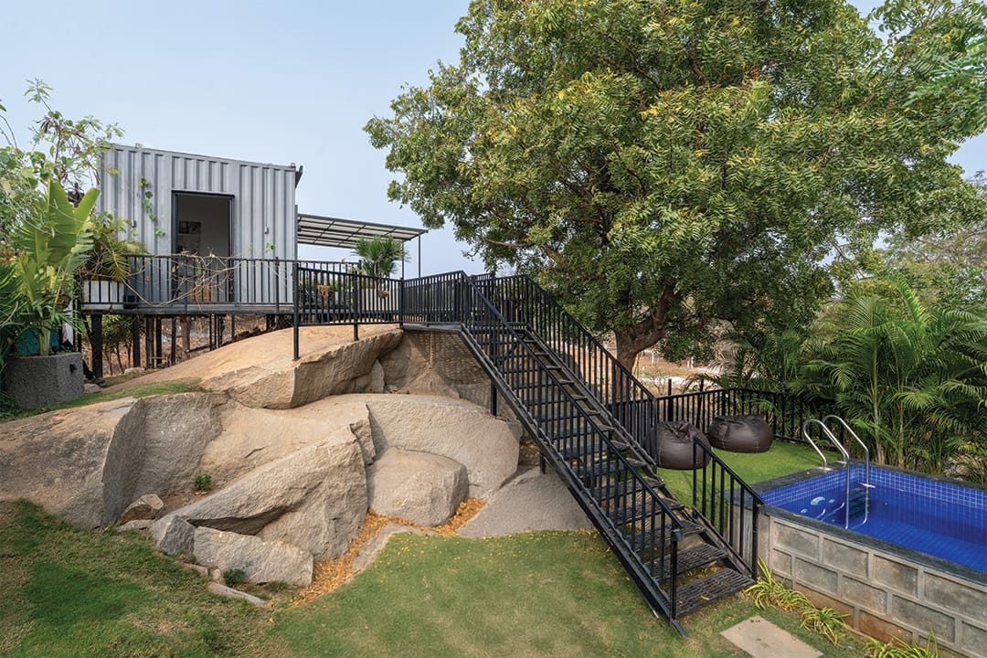 Porch, a Fargo Collective container stay on the rocks near Hyderabad