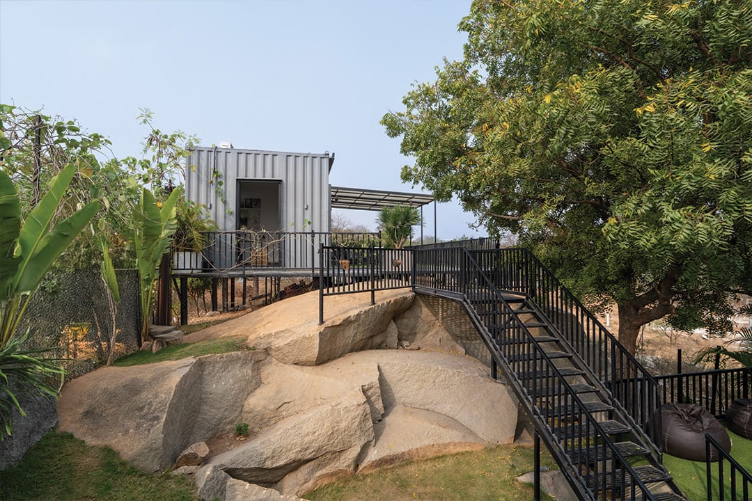 Porch, a Fargo Collective container stay on the rocks near Hyderabad
