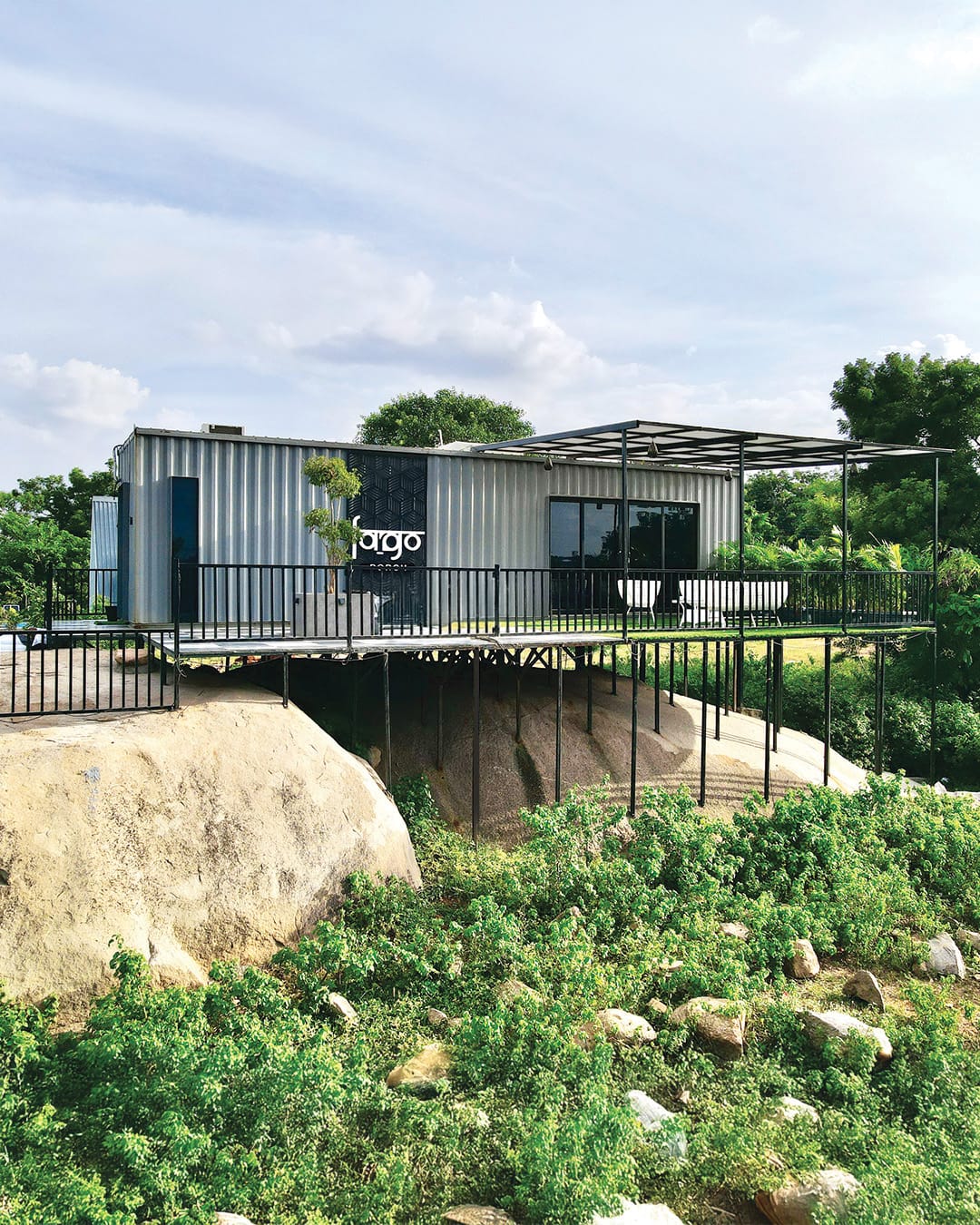 Porch, a Fargo Collective container stay on the rocks near Hyderabad