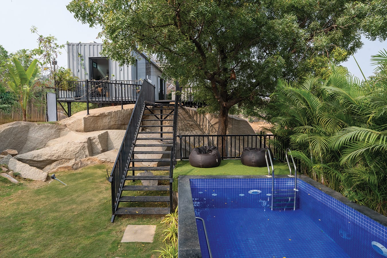 Porch, a Fargo Collective container stay on the rocks near Hyderabad