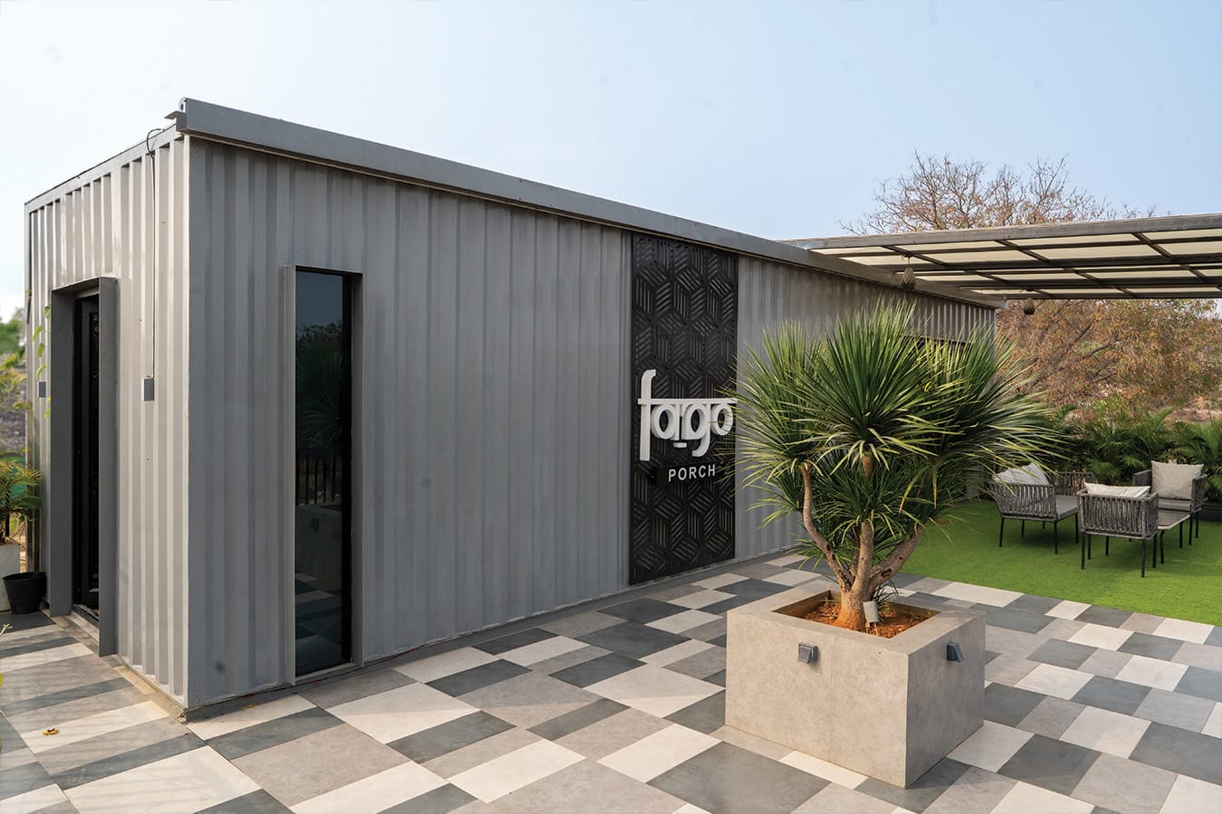 Porch, a Fargo Collective container stay on the rocks near Hyderabad