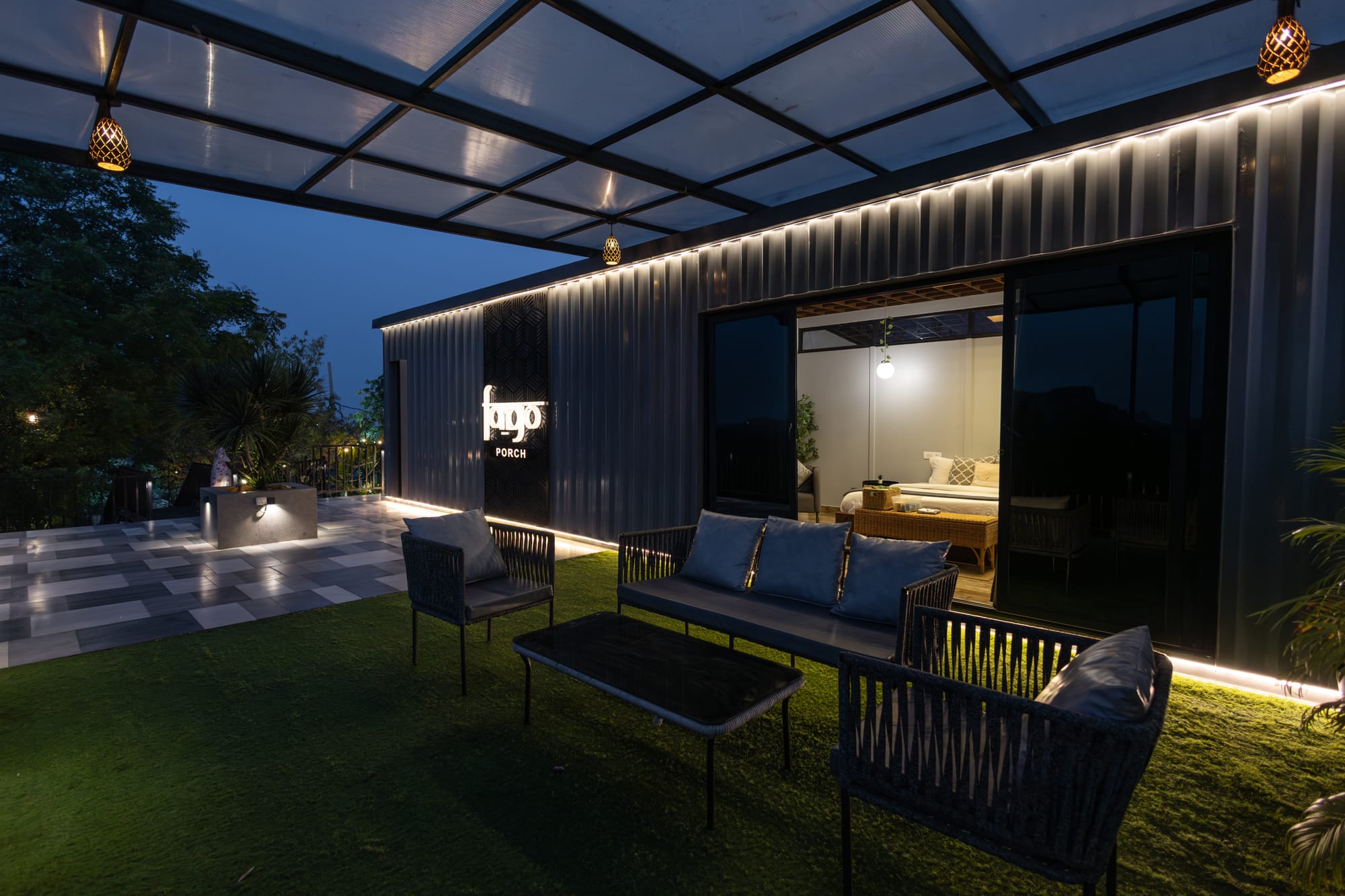 Porch, a Fargo Collective container stay on the rocks near Hyderabad